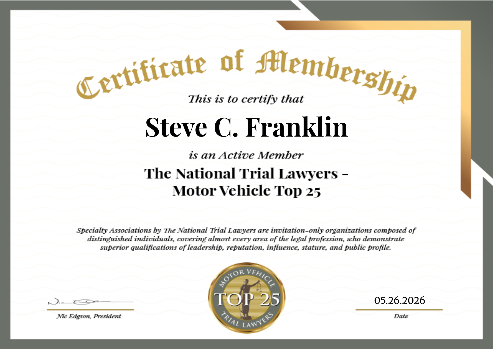 National Trial Lawyers Top 25 Motor Vehicle Accident Attorneys Certificate | Steve Franklin